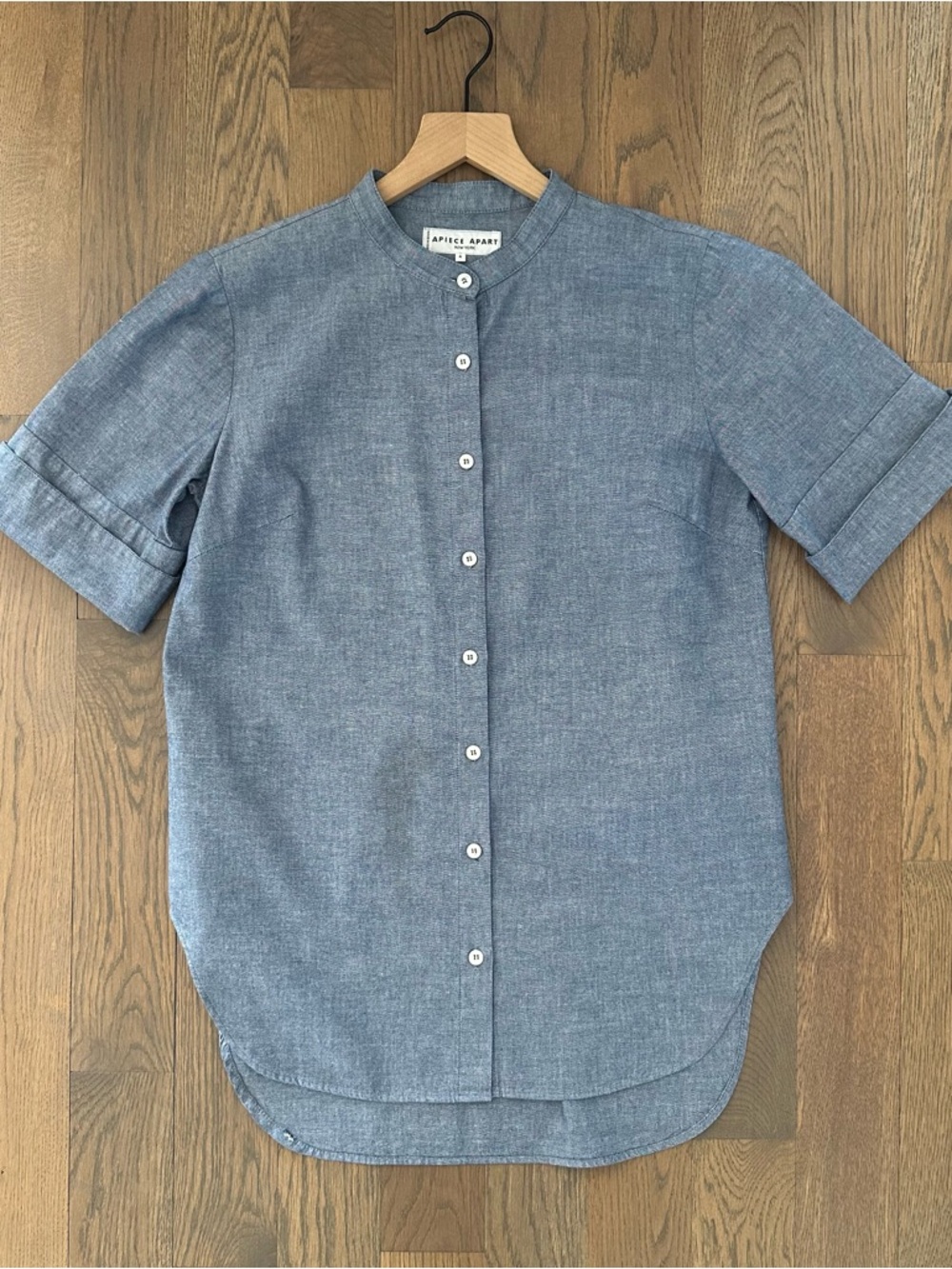 Apiece Apart Band Collar Button Front Short Sleeve Chambray Shirt Blue 4 / Small